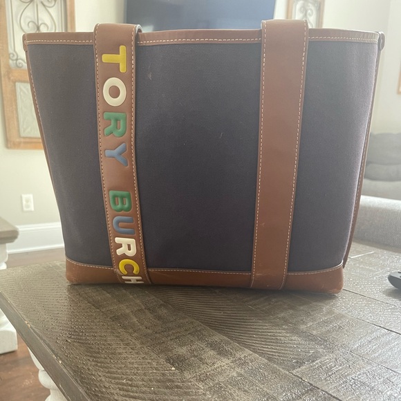 Tory Burch multi stripe multiple compartment tote in navy and leather - Picture 1 of 5